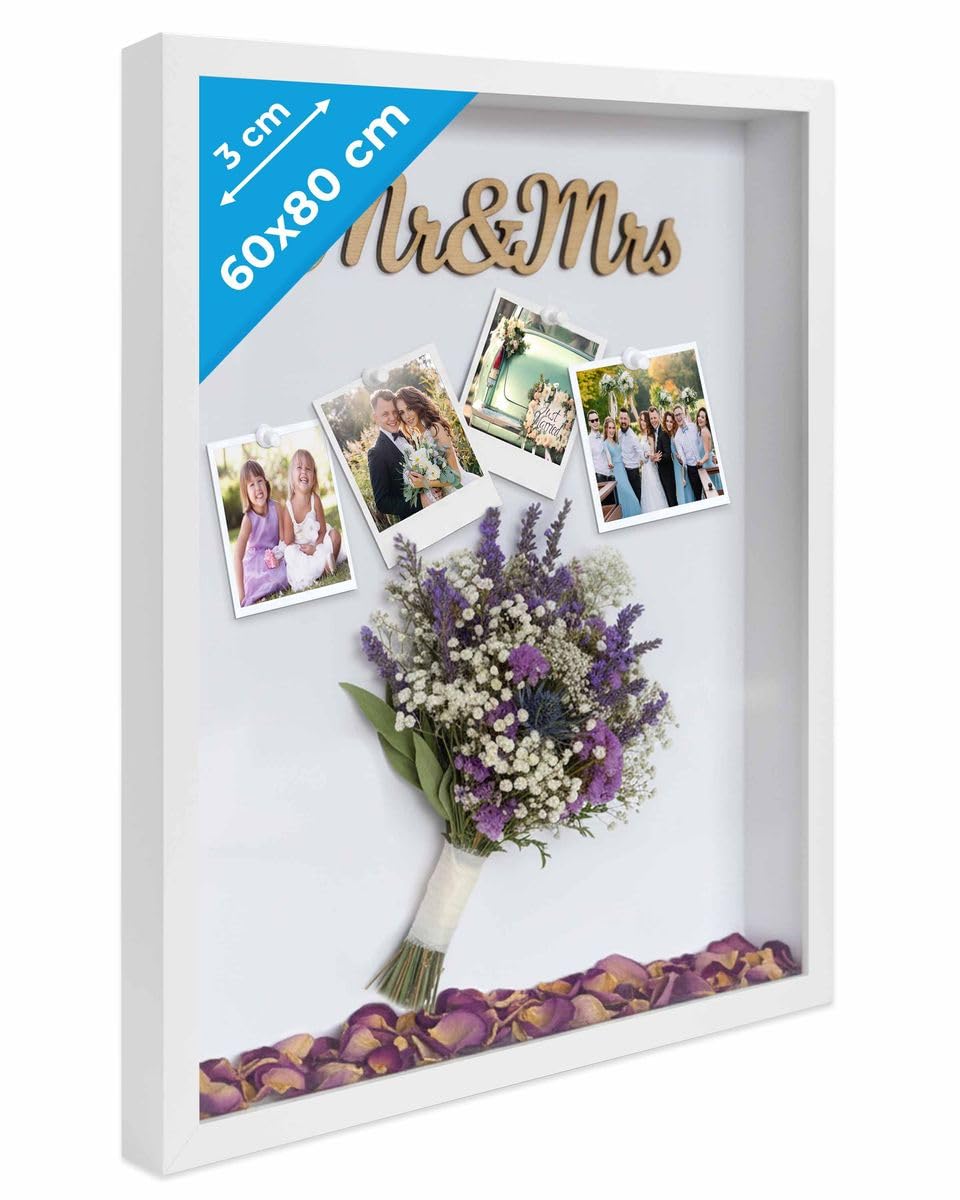 PHOTOLINI 3D Bilderrahmen zum Befüllen 60x80 Weiss gross, 3 cm tiefer Objektrahmen mit Acrylglas, ti