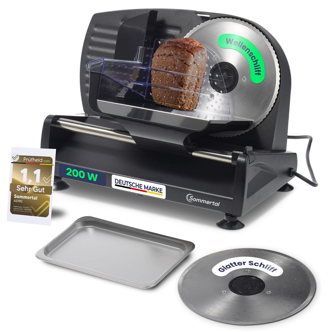 Sommertal Allesschneider AS190 DUAL 200W Edelstahlmesser mit Wellenschliff und glatten Schliff, plat