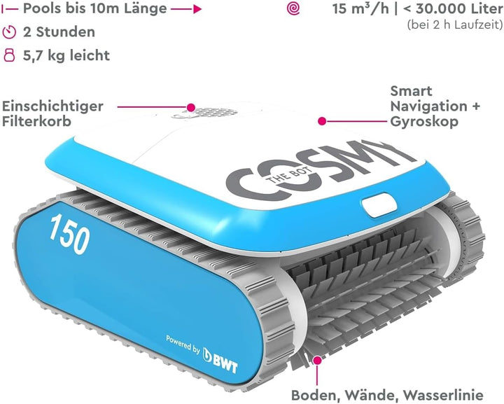 BWT Poolroboter Cosmy 150 | Besonders Leicht & Kompakt | Für Pools Mit Einer Länge Bis Zu 10 m | Zuv