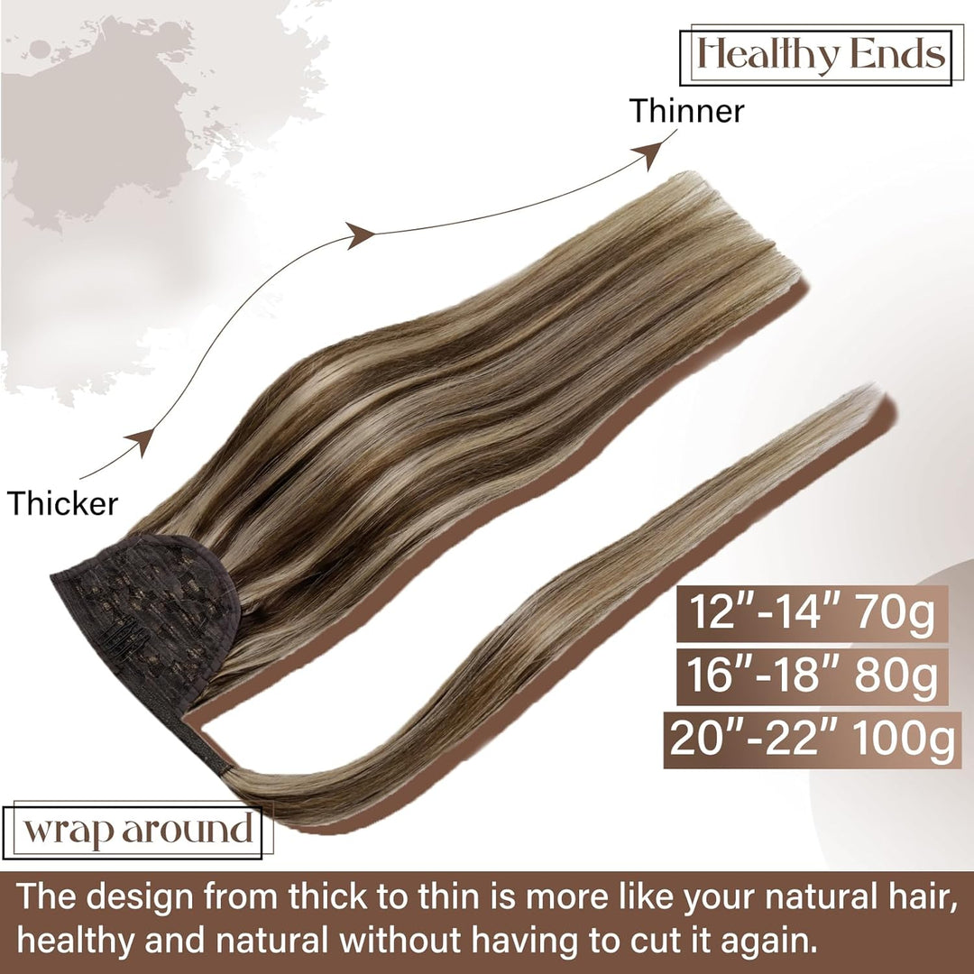Hetto Ponytail Extension Echthaar Mittelbraun zu Warmblond Balayage 35cm 70g - Volles Pferdeschwanz