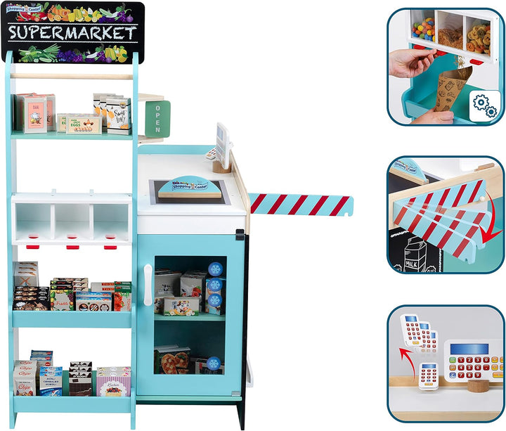 Theo Klein 9391 Supermarkt, Holz (MDF) I Moderner Kaufmannsladen inkl. Kasse, Schranke, Kreidetafel