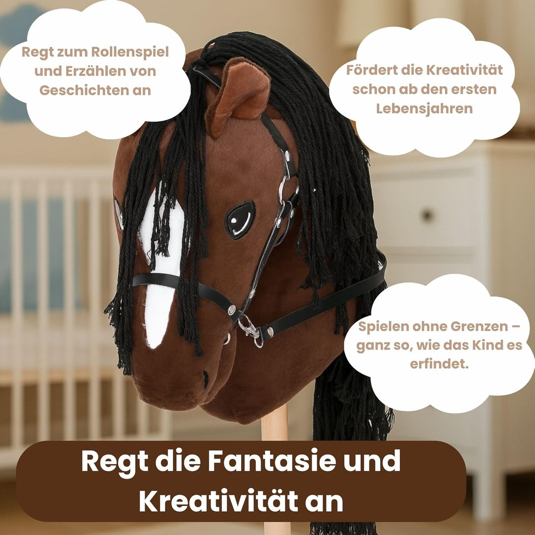 Start Hobby Horse Steckenpferd aus Plüsch mit Holzstock – Realistisches Stockpferd mit Langer Mähne