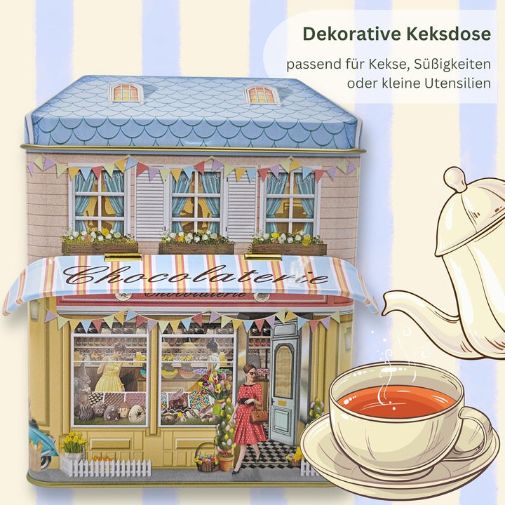 MediMuc Kleines Haus Chocolaterie mit Vordach - Dose, Gebäckdose, Geschenkdose, Sammlerdose - Volume