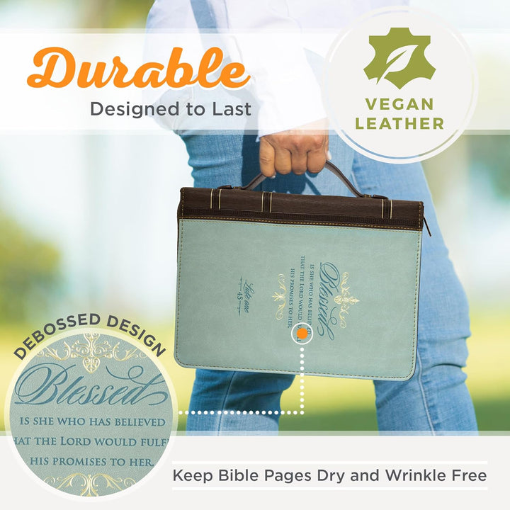 Bible Cover, Blessed Is She, Light Blue and Brown, Large, Large