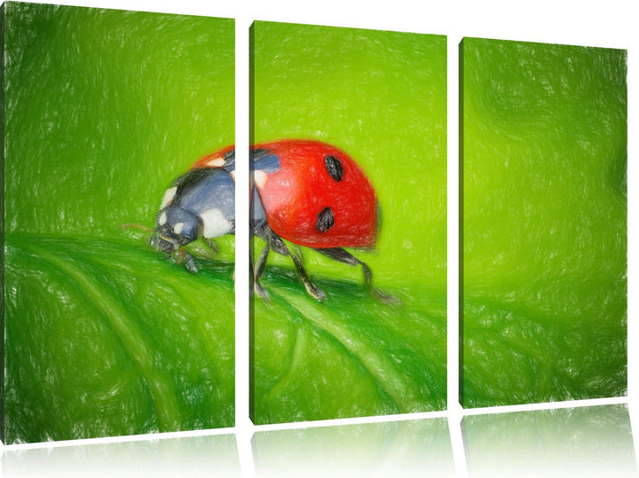 Pixxprint Marienkäfer auf Blatt / 3-Teilig/Gesamtmass 120cm Leinwandbild bespannt auf Holzrahmen/Wan