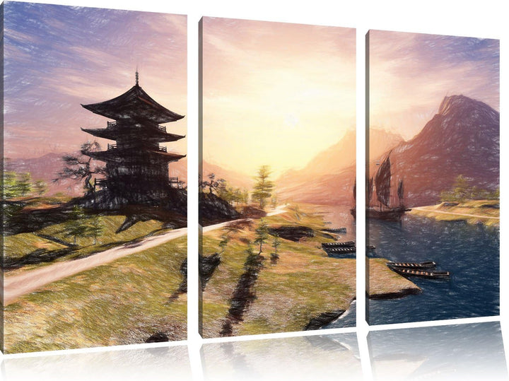 Pixxprint beeindruckender asiatischer Tempel an Fluss Kunst Buntstift Effekt 3-Teiler Leinwandbild 1