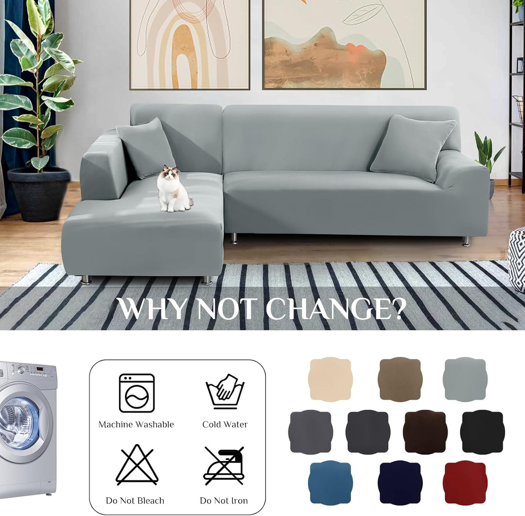 FIGOOO Sofabezug Ecksofa L Form Links Rechts Stretch Sofa Überwürfe 2er mit 2 Stück Kissenbezug Abne