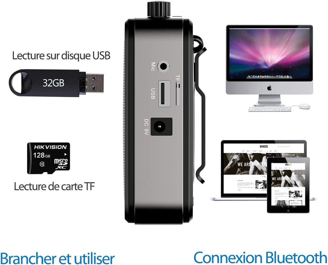 Tragbarer Sprachverstärker mit Mikrofon, Kopfhörer, 30 W, wiederaufladbarer Akku, 2800 mAh, leistung