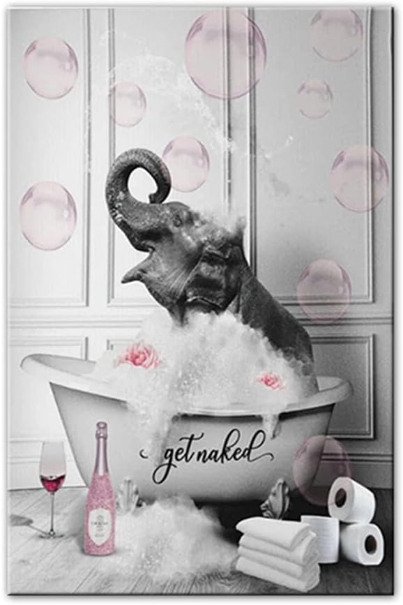 ZHONGYUTONG Badezimmer Wandbilder-Elefant in der Badewanne mit Rosa Blasen lustige Tiere Kunstdruck