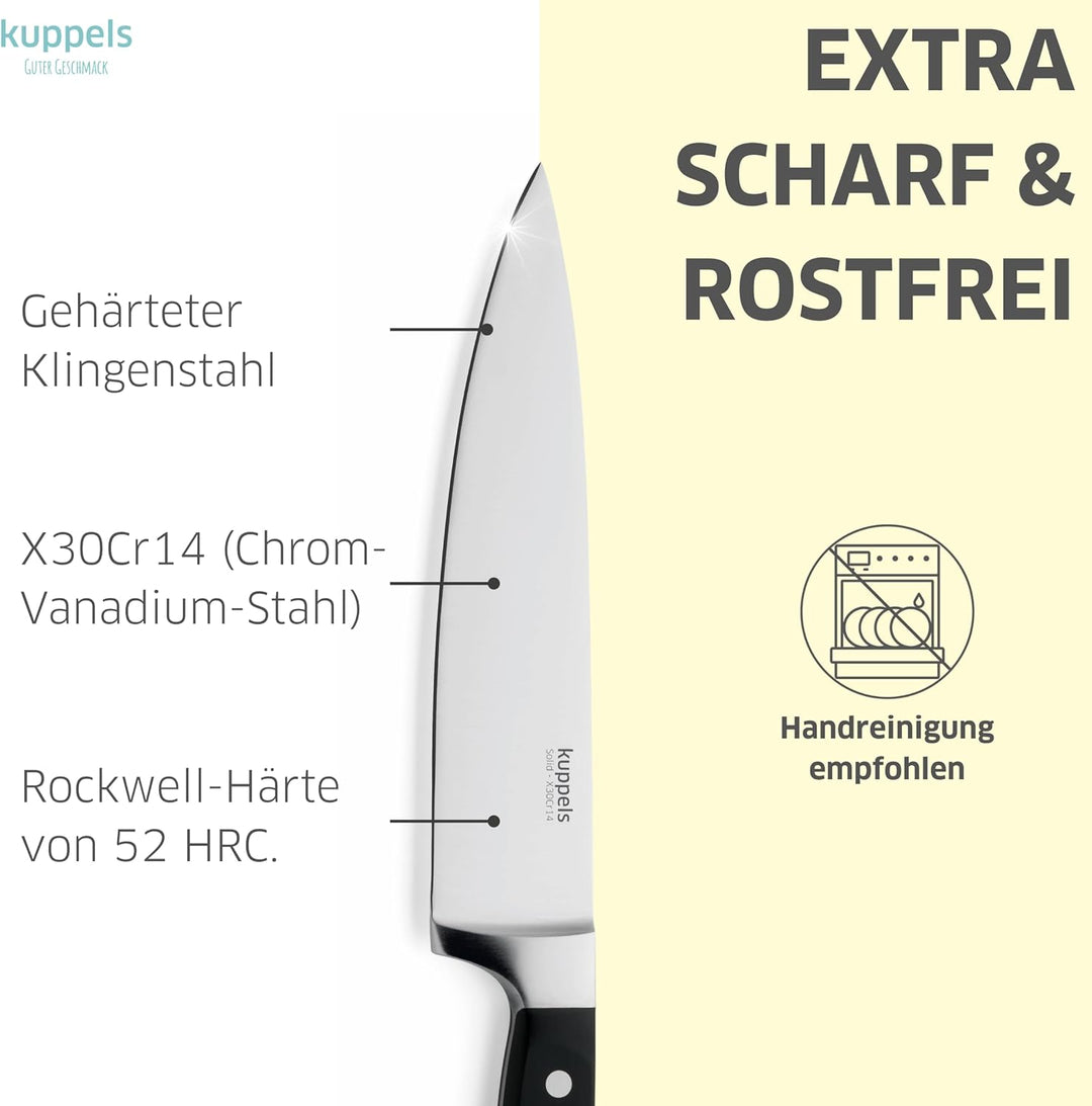 Kuppels SOLID Kochmesser, extra scharf & schnitthaltig, gehärteter Klingenstahl, rostfrei, poliert &