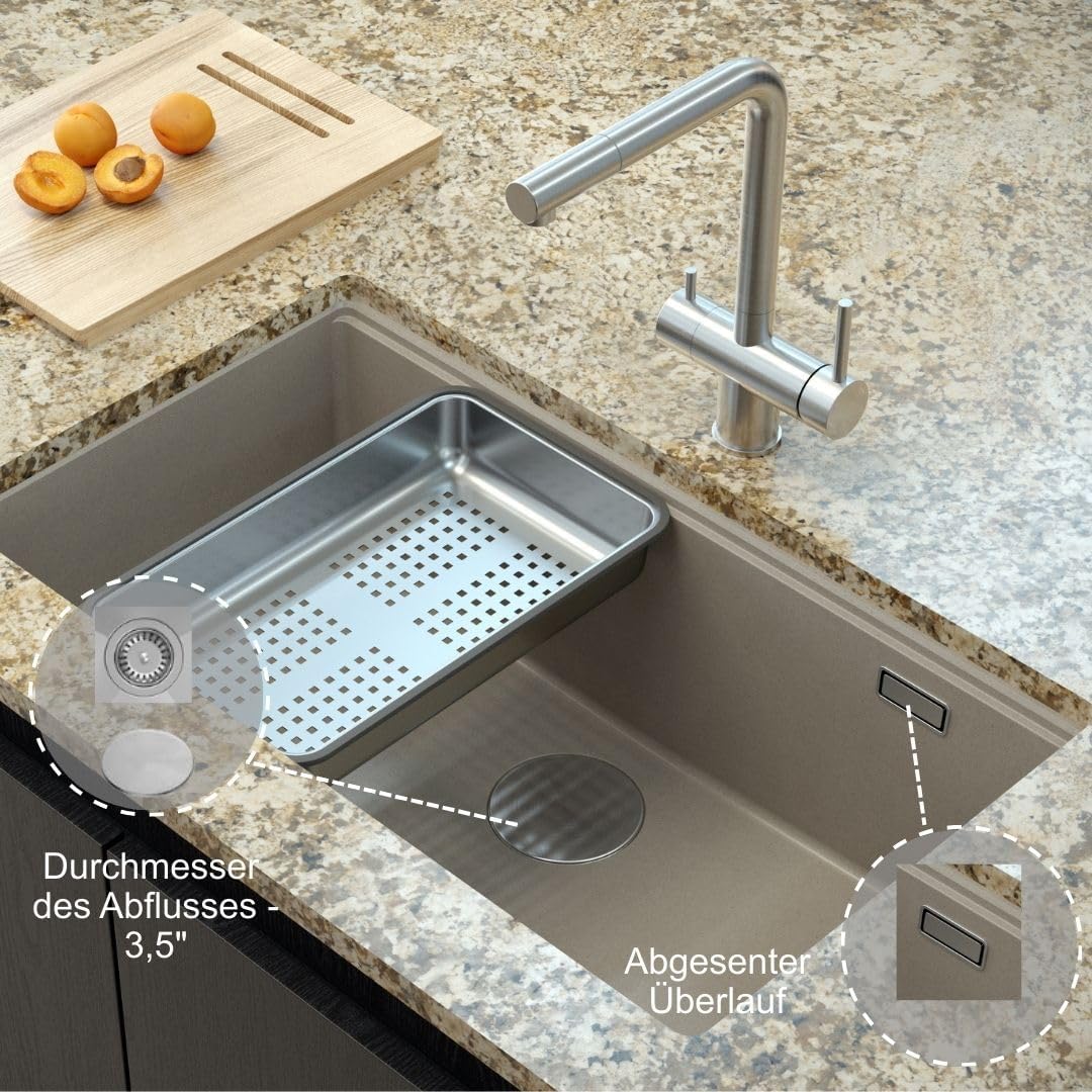 QUADRON Spüle Einbeckenspüle Granitspüle Küche | Grösse 70 x 37 x 23,5 cm Farbe: Grau & Golden | LOG
