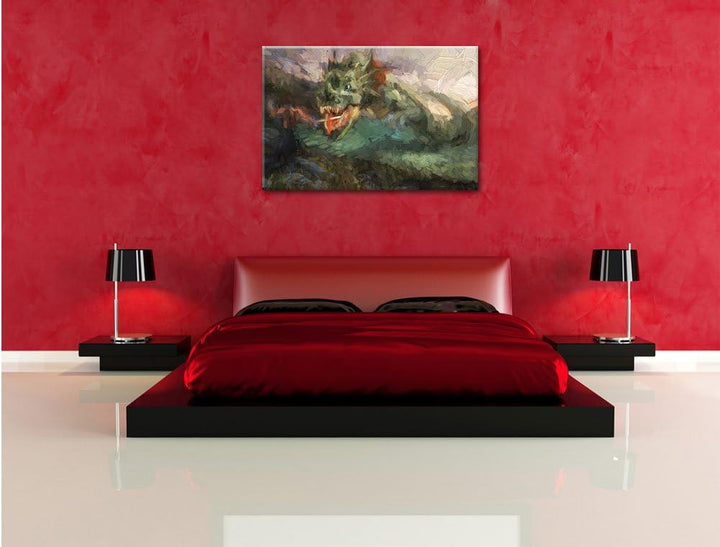 Pixxprint Drache kämpft gegen Krieger als Leinwandbild/Grösse: 100x70 cm/Wandbild/Kunstdruck/fertig