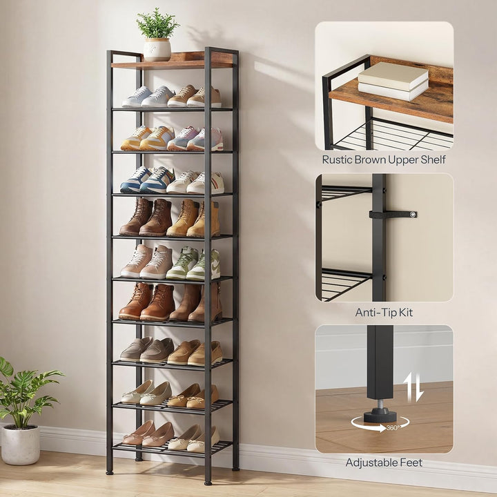 HOOBRO Schuhregal mit 10 Ablagen, schmale Schuhablage, Schuhschrank, Schuhorganizer mit herausnehmba