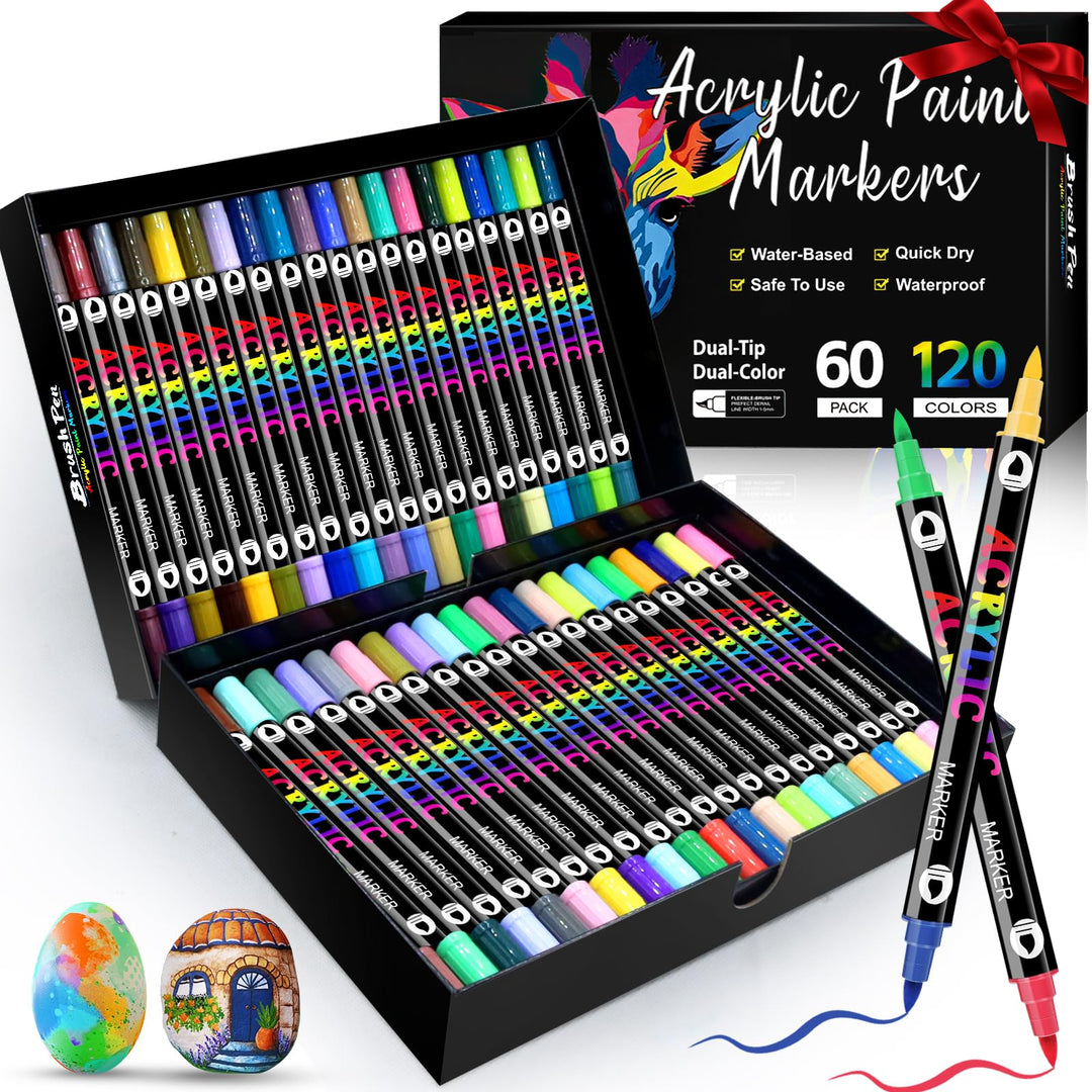 120 Farben Acrylstifte für Steine Wasserfest,0.5-5mm Wasserfester Dual Tip Marker, Stifte für Steine