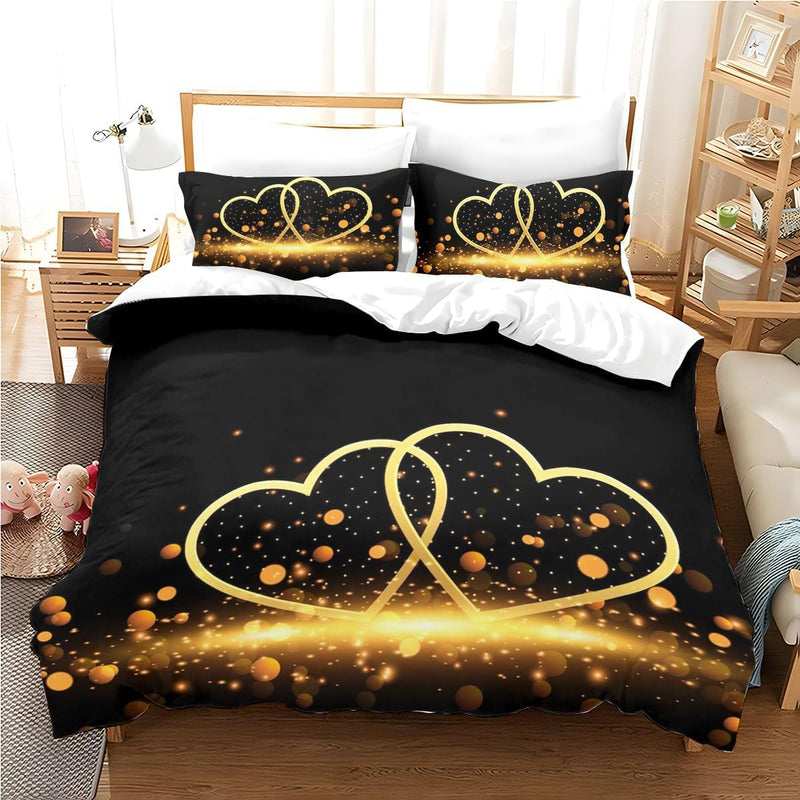 Freyamy 3D Herz Bettwäsche 220x240cm 3teilig Schwarz Gold Herzmotiv Liebe Luxus Bettwaren-Sets Mikro