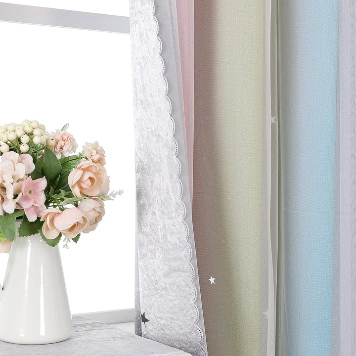 Freyamy Gardinen Rosa Grün Weiss Glänzend Sterne Vorhänge Blickdicht Kinderzimmer Halbtransparent H