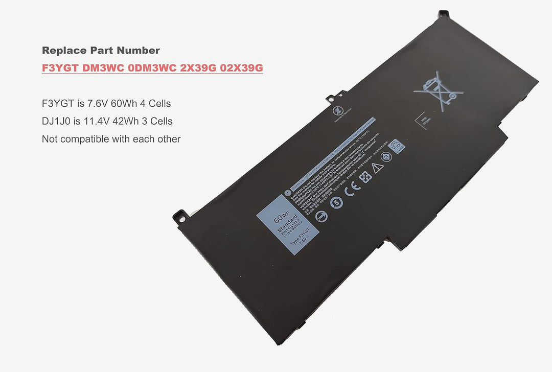 7.6V 60Wh, F3YGT Laptop Akku für Dell Latitude 7280 7290 7380 7390 7480 7490 E7280 E7290 E7380 E7390