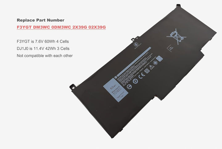 7.6V 60Wh, F3YGT Laptop Akku für Dell Latitude 7280 7290 7380 7390 7480 7490 E7280 E7290 E7380 E7390
