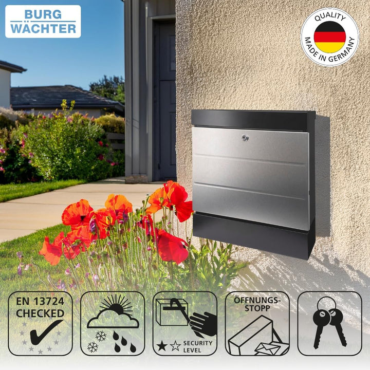 Burg-WÄCHTER Briefkasten mit Zeitungsfach ohne Namensschild, Stahl/Rostfreier Edelstahl, Schutzlack,