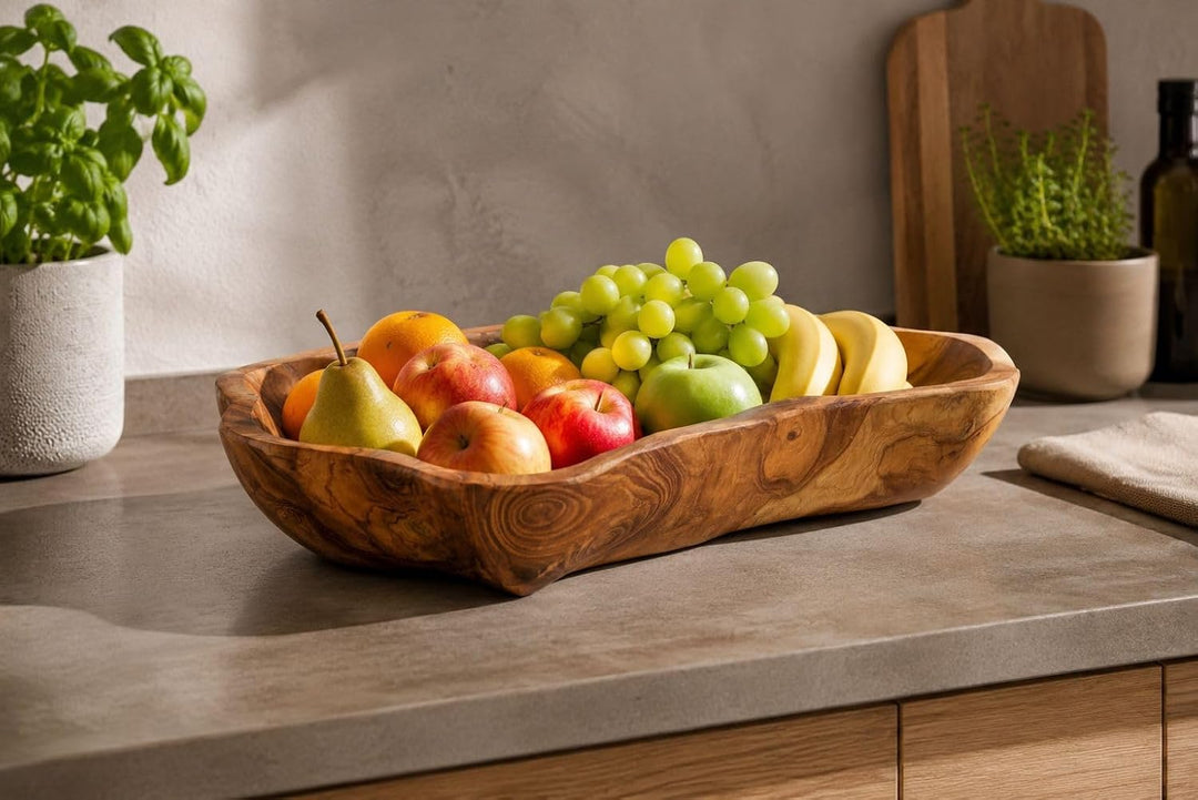 Windalf Natur Teakholzschale CLOUDY 27 cm Rustikale Obstschale Salatschale Handarbeit Holz