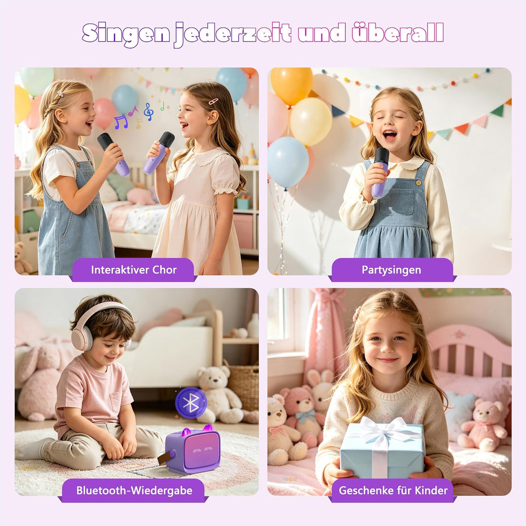 Karaoke Maschine für Kinder mit 2 Kabellosen Mikrofonen, Bluetooth Lautsprecher mit LED Licht, Emoji