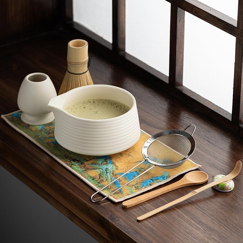 6 Piece Matcha Tea Set Beige Weiss,Matcha Besen Set, with Matcha Whisk, Matcha Broom,Matcha Schale,M