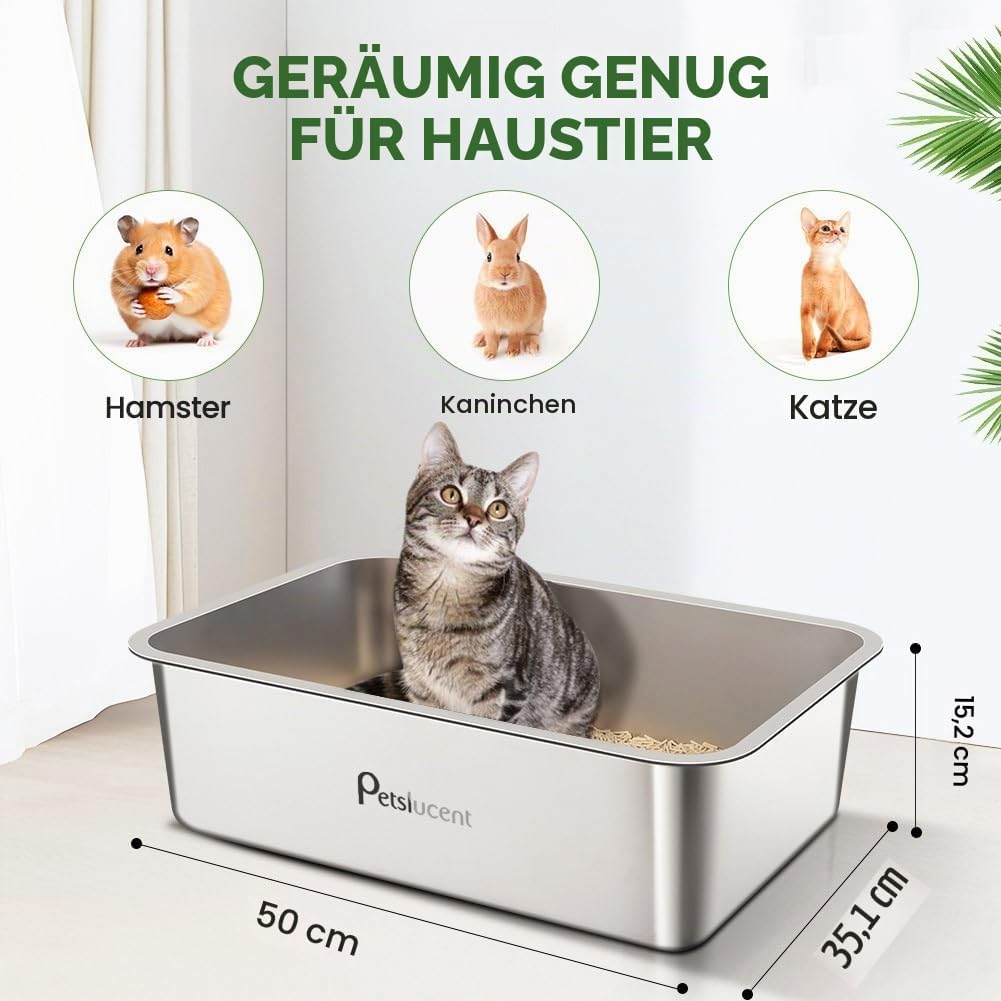 Katzentoilette aus Edelstahl: Extra grosse Metall-Liter-Box – leicht zu reinigende hohe Seite Katzen