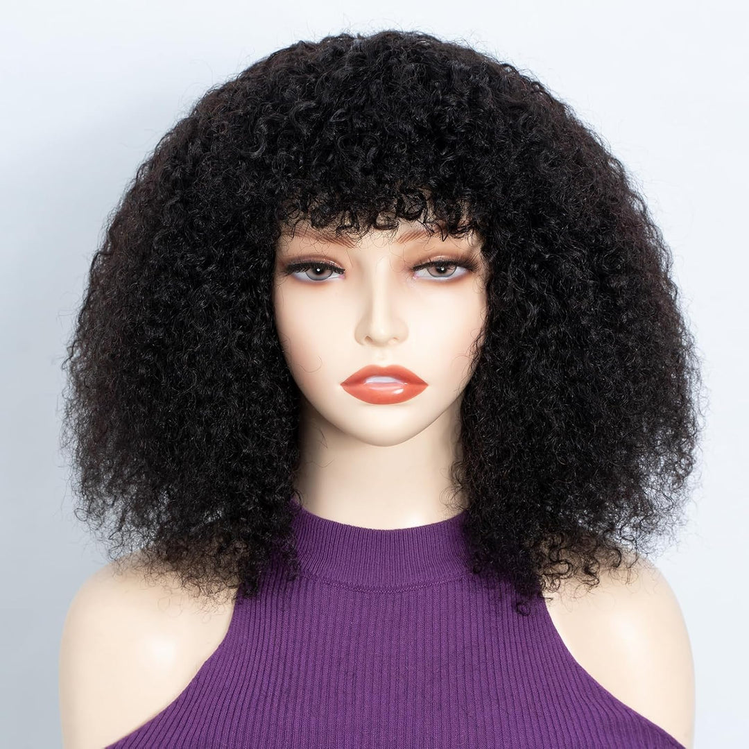 FASHION IDOL Kurzer lockiger Bob Echthaarperücken mit Pony Jerry Curl Brasilianisches Echthaar Keine