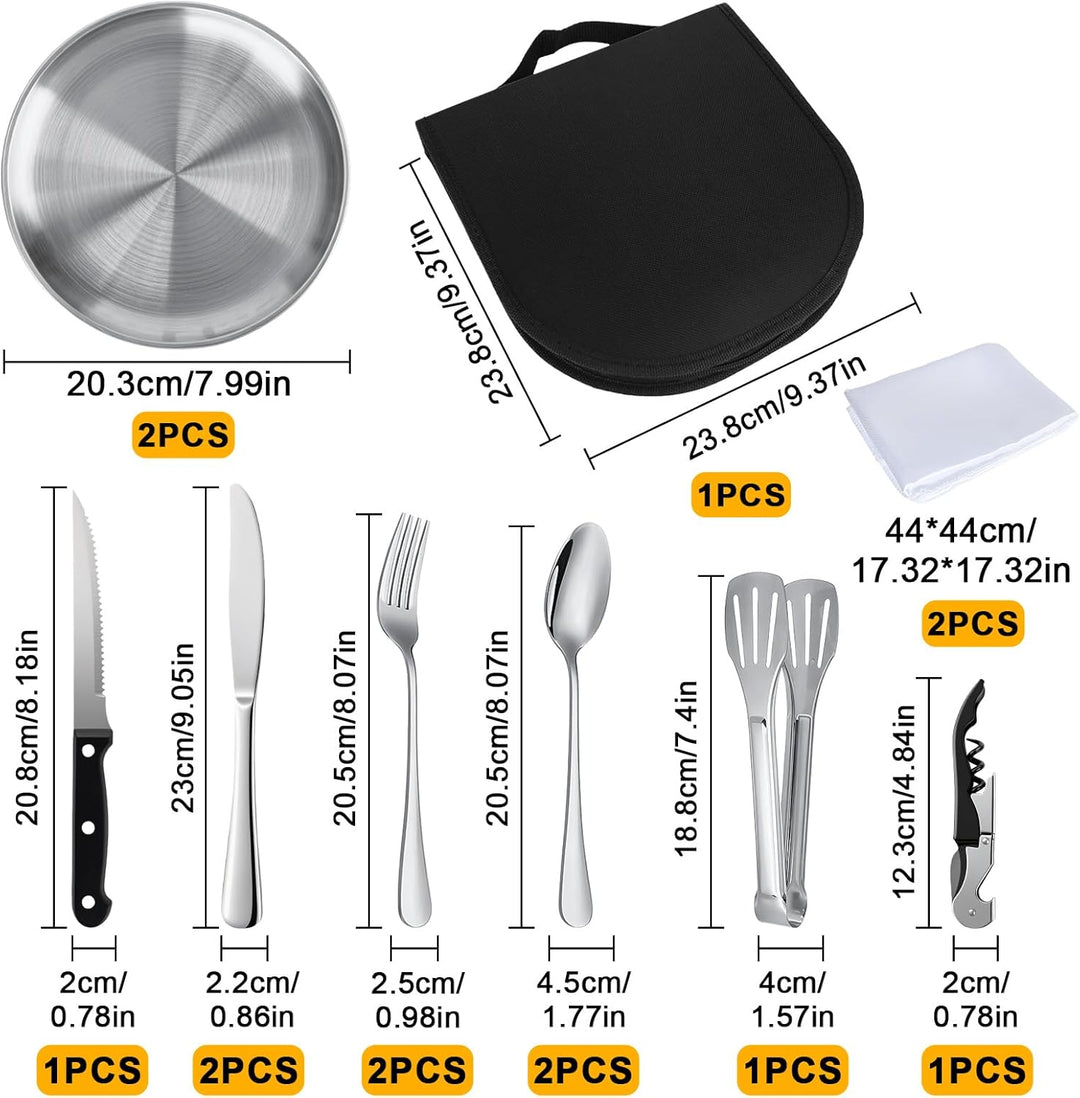 Camping Geschirr Set 2 Personen 13 Stück Tragbars Campingbesteck Set aus Edelstahl für Camping, Pick