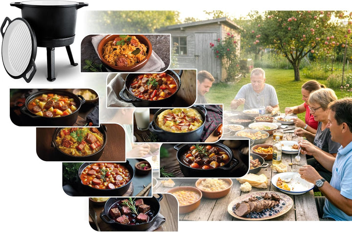 Berdsen Gusseisen Topf 8 L Dutch Oven - Emailierter Feuertopf für Lagerfeuer und Grill - 2-in-1 Deck