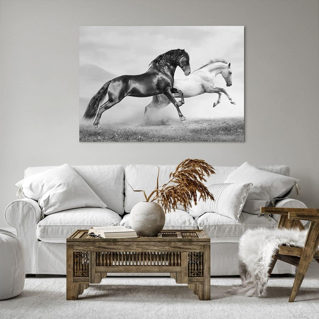 Bilder auf Leinwand 100x70cm Leinwandbild Pferde Tiere Galopp Wiese Gross Wanddeko Bild Schlafzimmer