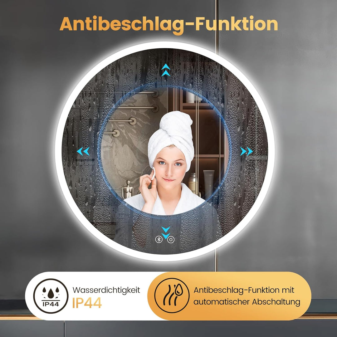 YOLEO Badspiegel mit Beleuchtung rund 70cm, Badezimmerspiegel LED mit Bluetooth-Lautsprecher, Wandsp