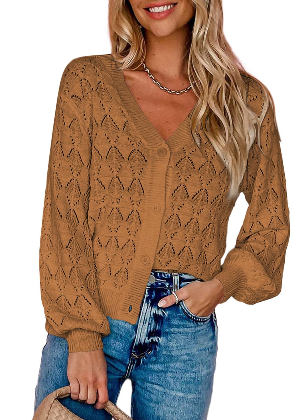 Dokotoo Damen Strickjacke V-Ausschnitt Kurzer Cardigan Elegant Langarm Leichter Strickpullover mit K