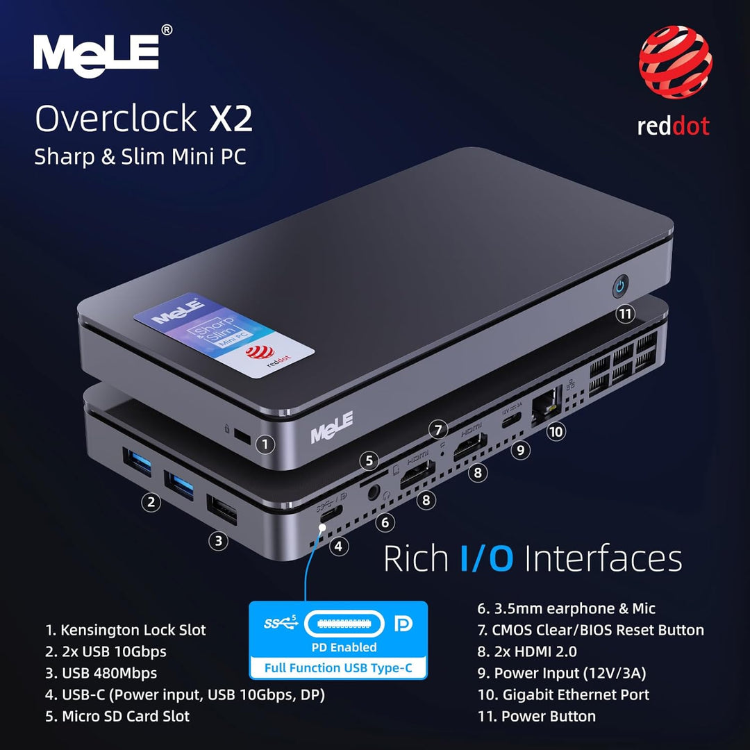MeLE Overclock X2 Mini PC Twin Lake N150(bis zu 3.6GHz) Micro PC 16GB DDR4 512GB Speicher Kleine Des