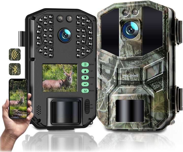 WOLFANG Wildkamera 4K HD, 64MP Full HD WLAN Wildtierkamera mit App, Jagdkamera mit Nachtsicht, Beweg