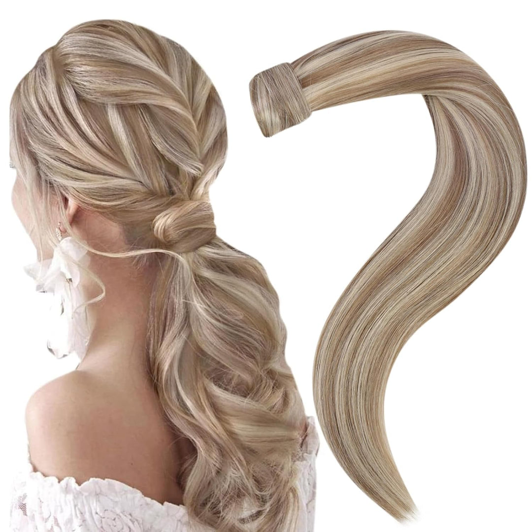 Easyouth Zopf Extensions Echthaar Clip in Zopf Extensions Ponytail 16 Zoll Farbe Ash Brown Highlight