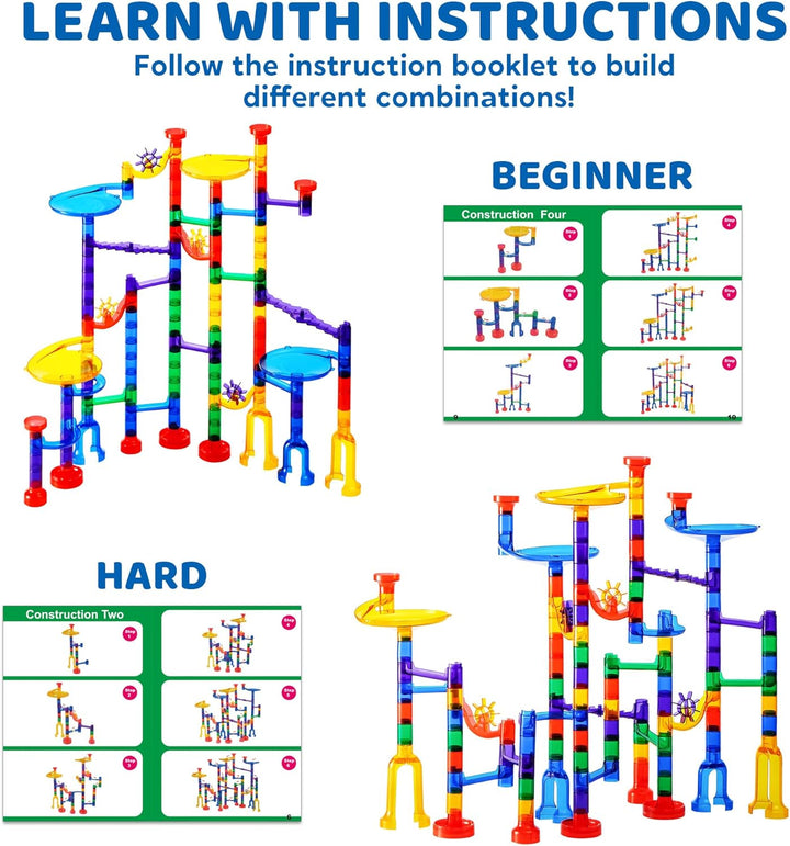 JOYIN 150 Stück Mehrfarbige Murmelbahn Marble Run Set mit 100 Bahnelementen und 50 Glasmurmeln, Kuge
