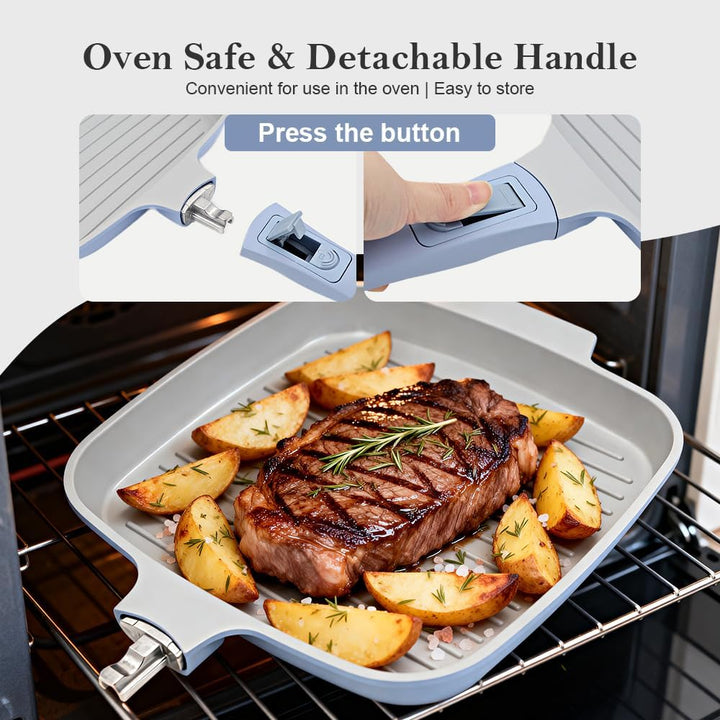 Keramik Grillpfanne 26 x 24 cm mit Deckel, Abnehmbarer Griff, Blau, Blau