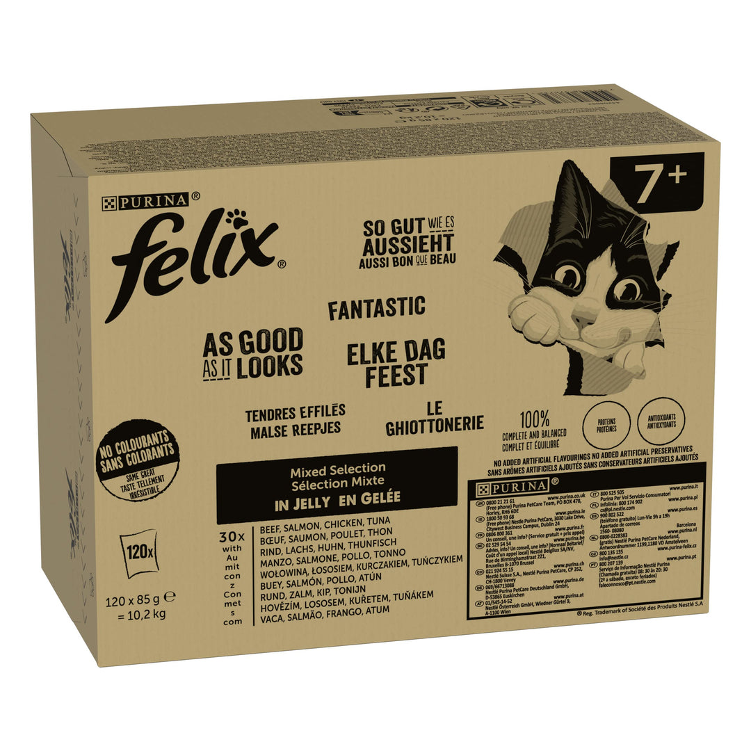 FELIX So gut wie es aussieht Senior Katzenfutter nass in Gelee, Sorten-Mix, 120er Pack (120 x 85g) S