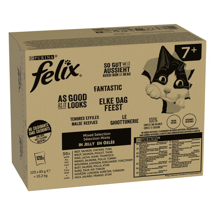 FELIX So gut wie es aussieht Senior Katzenfutter nass in Gelee, Sorten-Mix, 120er Pack (120 x 85g) S