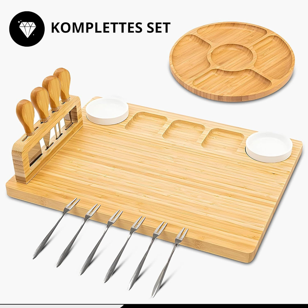 Servierplatte aus Bambus – 35 x 28 cm Käseplatte Set mit 2 Dip-Schälchen, 4 Käsemessern, 6 Gabeln &