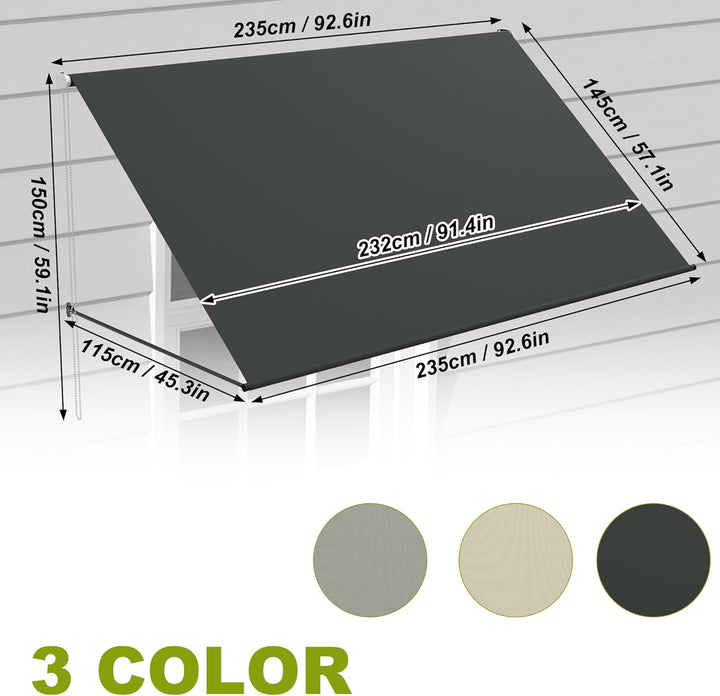 UISEBRT Fallarmmarkise Fenstermarkise einziehbar 235x145 cm, Balkonmarkise mit Kordel und Aluminium