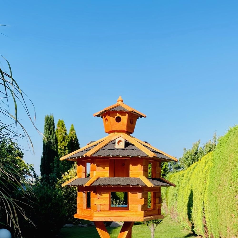 DARLUX Vogelvilla wetterfest von L bis XXL Futterhaus Vogelhaus mit oder ohne Ständer in Braun mit R