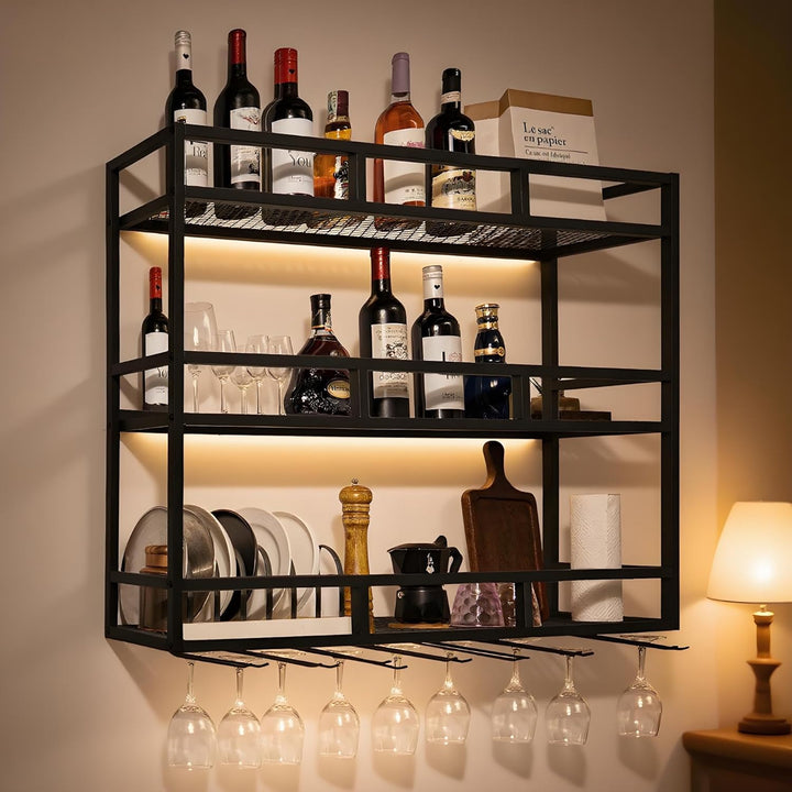 Weinregal Wand aus Metall 100 cm 3-stöckiges Modernes Wandregal mit LED-Beleuchtung, Flaschenhalter
