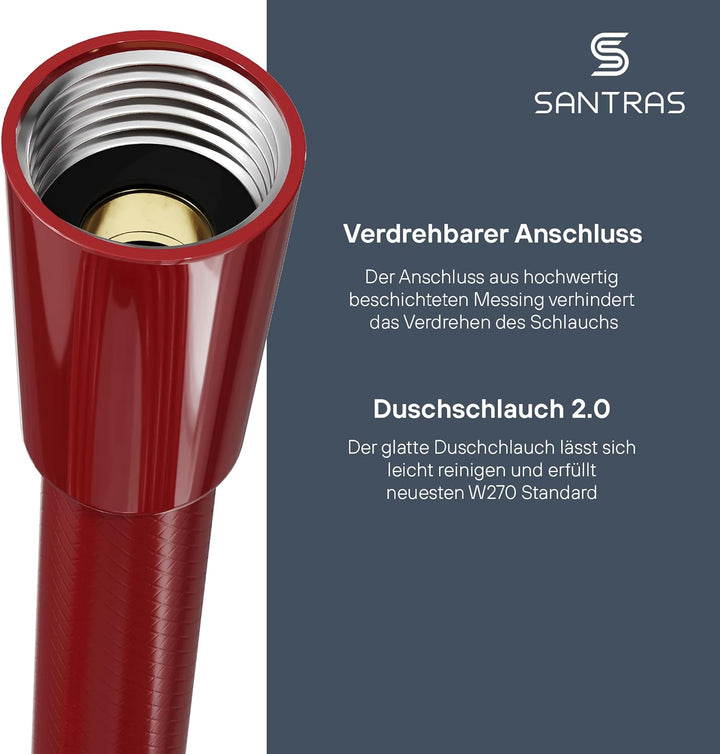 SANTRAS® Duschschlauch PREMIUM Rot 2,00 m mit Durchflussbegrenzer – Besonders flexibler Brauseschlau