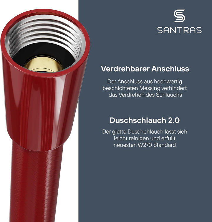 SANTRAS® Duschschlauch PREMIUM Rot 2,00 m mit Durchflussbegrenzer – Besonders flexibler Brauseschlau