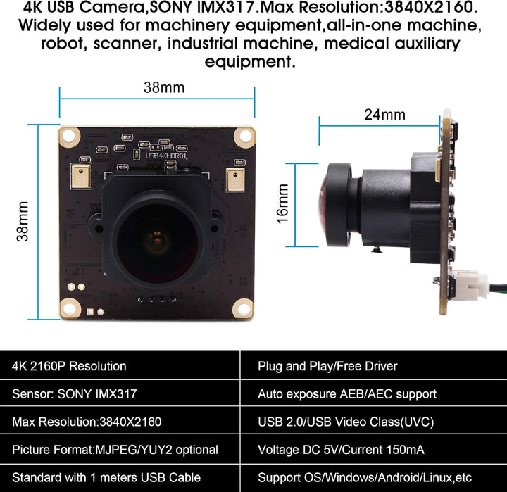 G Fisheye Objektiv 4K USB Kameramodul 2160p Webcam modul,UHD 30fps Webkamera modul Weitwinkel 170° U