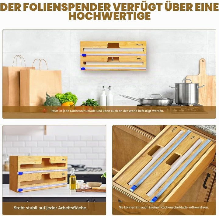 QINGLOU Folienschneider,2 in 1 Folienspender Mit Cutter, Bambus/Folienabroller,Frischhaltefolie, Wac