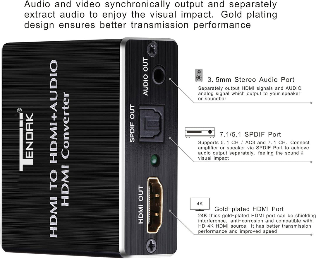 Tendak HDMI Audio Extractor, HDMI Audio Splitter 4K HDMI zu HDMI SPDIF TOSLINK Optical und 3,5mm Ste