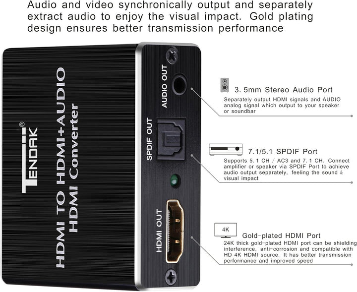 Tendak HDMI Audio Extractor, HDMI Audio Splitter 4K HDMI zu HDMI SPDIF TOSLINK Optical und 3,5mm Ste